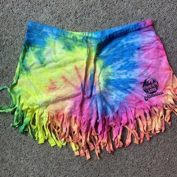 OneLove Jamaica Womens M Pull On Shorts StreetwearTassel Hem Tie Dye Drawsring - Picture 6 of 7